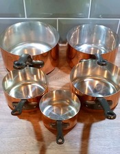 Vintage Set Of 5 French Copper/ Iron Graduated Saucepans By LES CUIVRES unused.