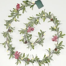 6ft Lighted Snow Christmas Garland Olive Pine Green Red Berry Holiday Decoration