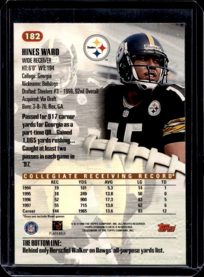 1998 Stadium Club Hines Ward Rookie RC #182 Steelers - Image 2 of 2