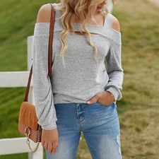 Womens Cold Shoulder Top Cut Out Long Sleeve Basic T Shirts Casual Blouse Tshirt