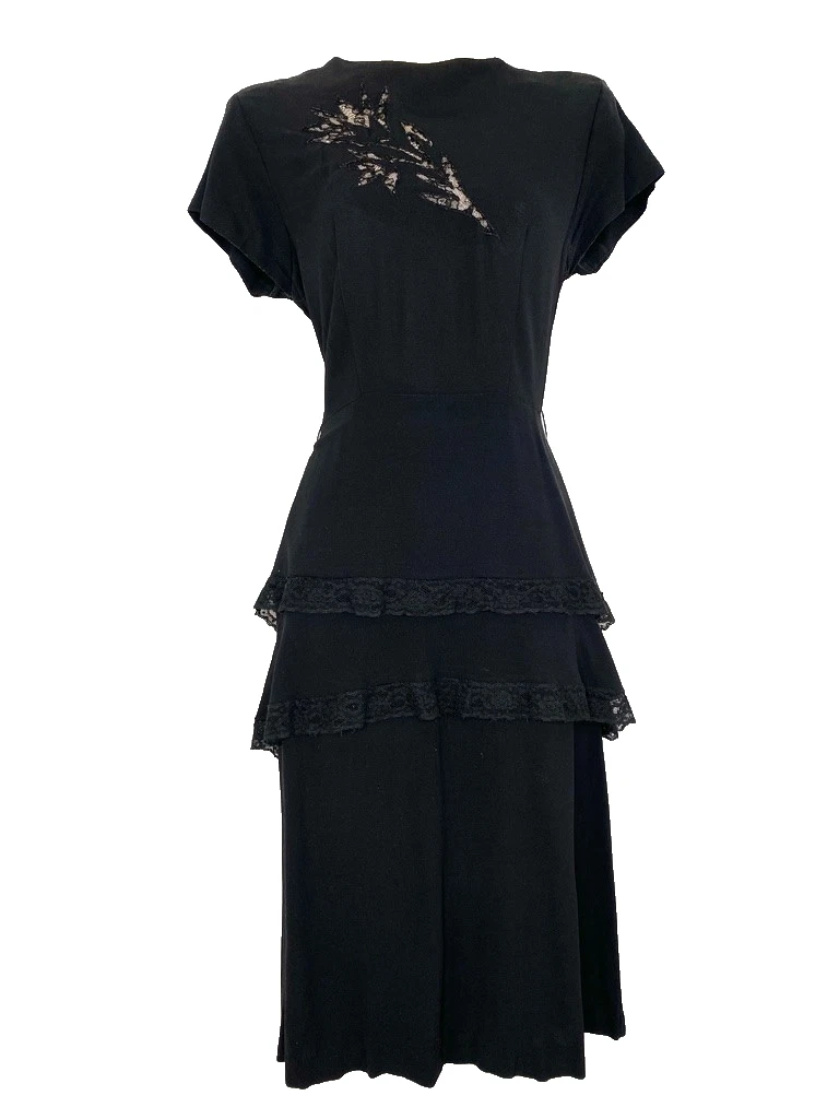 60s black dress fashion Florance Tea Dress in Black with matching Black Lace upper, Authentic 1940s True vintage style 10
