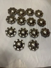 LOT OF 16 Sivertone goldtone studded conch shank buttons 1 1/4" belts, hats ,