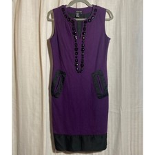 Etcetera Purple Wool Blend Jewel Neck Sleeveless Shift Dress Black Trim 10 Glam