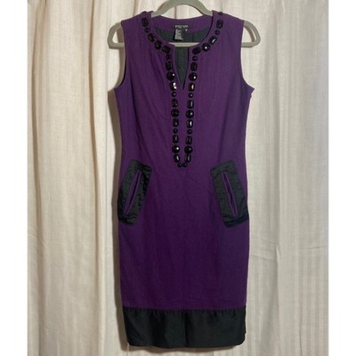 Etcetera Purple Wool Blend Jewel Neck Sleeveless Shift Dress Black Trim 10 Glam