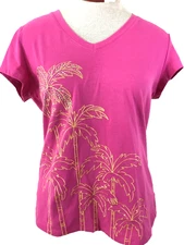 Palm Grove knit top size PM V neck short sleeve beaded palm trees embroidered