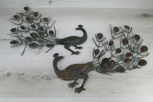 Par de perchas de arte de pared MCM vintage de pavos reales de mediados de siglo modernas de 18" x 13" ea - Imagen 1 de 10