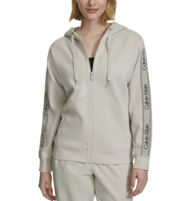 Calvin Klein Performance Women's Fleece Logo Stripe Full Zip Hoodie - Porcini- L