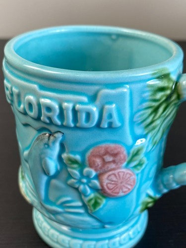 Vintage Florida Mug Porcelain Blue Dolphin Flamingo Palm Tree Gator - Picture 8 of 8