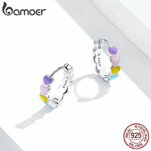BAMOER Solid S925 Sterling Silver Stud Earrings Enamel Rainbow Love For Women - Picture 6 of 11