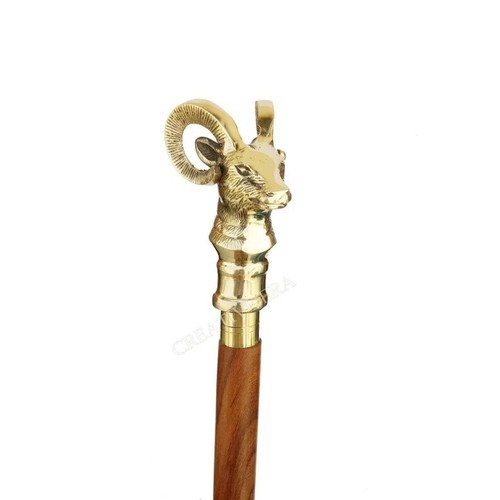 Handmade Walking Stick Cane Wood Antique Solid Brass Handle Goat Shape Top Head - Picture 2 of 10