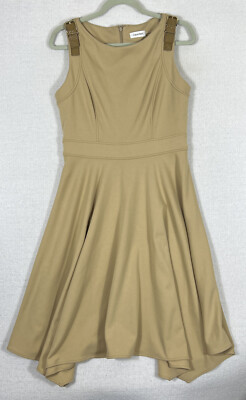 Calvin Klein Womens 10 Sleeveless Asymmetrical Camel Dress Buckles On Shoulders