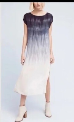 NWT Cloth & Stone Womens M Blue/White Ombre Tie De Short Sleeve Midi Boho Dress