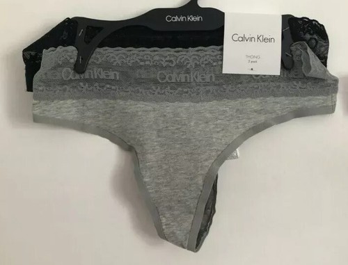 CALVIN KLEIN QP1798 Lace Logo Waist THONGS PANTIES 2-Pair GRAY BLACK Medium NWT - Picture 3 of 7