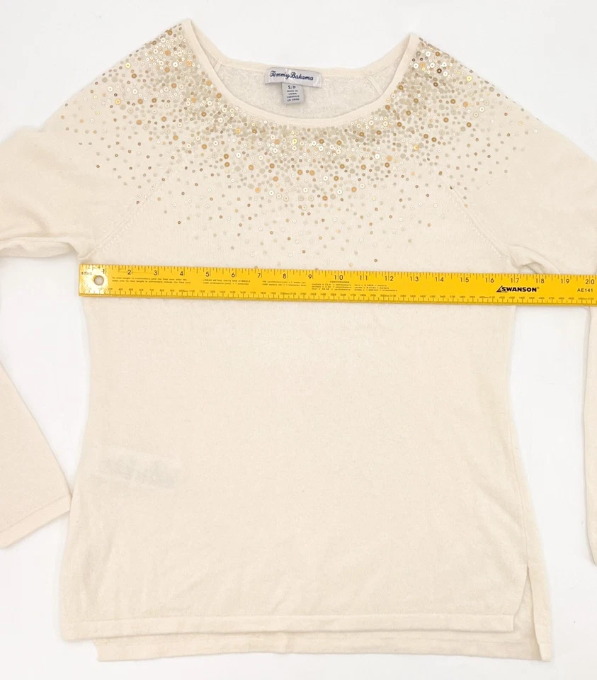 Suéter Tommy Bahama Mujer Pequeño Marfil Lentejuelas Adornado Mezcla Lana de Cordero Foto 3 de 4