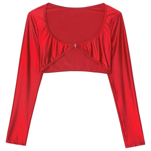 Women's Shiny Shirts Long Sleeve Crop Top Stretchy Slim Fit Yoga T-shirt Blouse - Picture 98 of 101