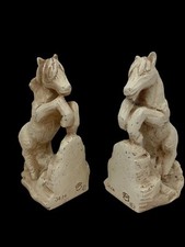 VTG Hand Carved Clay Galloping Horses Marked Heavy 8” Book Ends *Read*