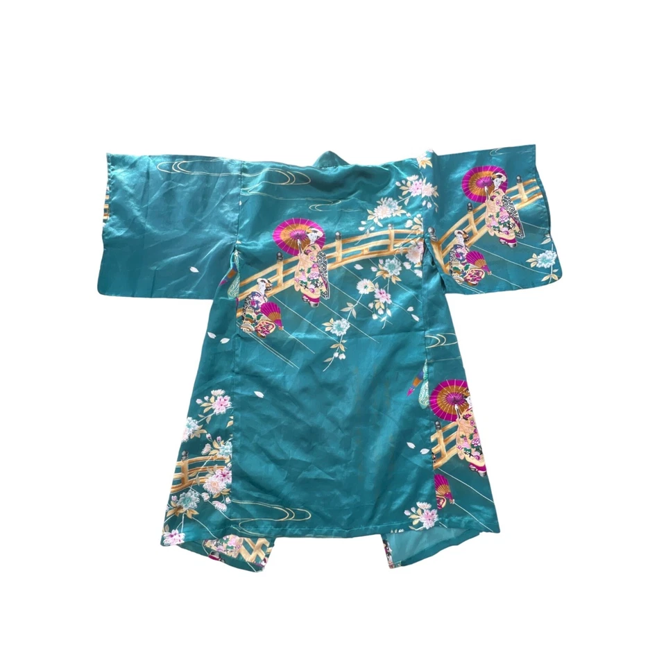 Bata Kimono Satén Niños 25 Verde Azulado Floral Encubrimiento Boho Asiático Ligera Sedosa Foto 2 de 4