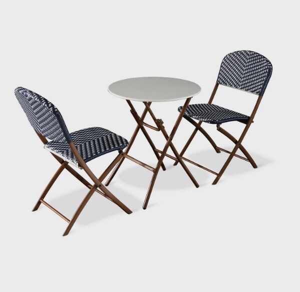 Modern Folding Patio Bistro Set 3 Pc Brown Metal Blue White Wicker Seat Finish