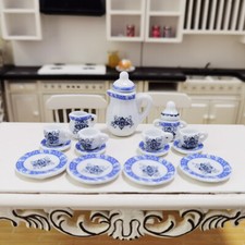15PC 1:12 Scale Dollhouse Miniatures Blue Ribbon Porcelain Tea Set Teapot Cup