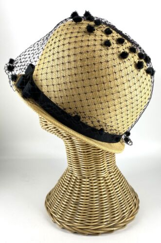 VTG 1950s Women's Netted Straw Derby Hat w/ Black Velvet Trim - Prop - Staging - Picture 2 of 8