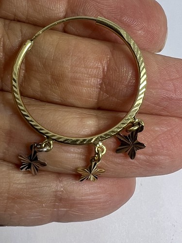 GOLd 14K hoop earrings round star yellow white rose tri diamond cut 28mm x1.40" - Picture 10 of 13