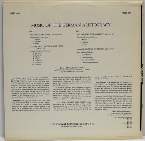 Music of the German Aristocracy Vinyl LP MHS 660 Near Mint Musical Heritage Soc. - Imagen 2 de 6