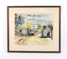 Vintage Olde Country Mill Landscape Watercolor Painting Unsigned