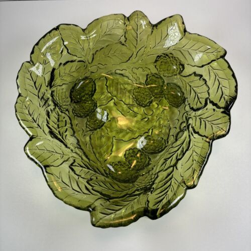 Vintage Green Indiana Glass Loganberry Pattern Candy Serving Dish MCM 7” x 2”
