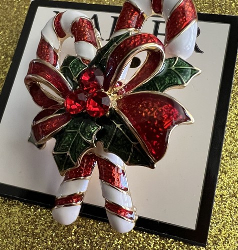 Napier Double 2 Candy Cane Green Holly Red Bow Christmas Pin Gold Tone NEW - Picture 3 of 10
