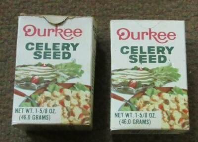 Vintage Durkee Celery Seed, 2 - 1 5/8 oz. boxes, 1 un-opened, 1 half used, 1960s