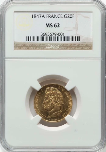 FRANCE , GOLD 20 FRANCS 1847 A - NGC MS 62 , RARE2