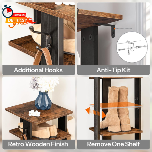 8 Tiers Vertical Shoe Rack, Wooden Shoe Storage Organizer with Hooks, Narrow Sho - Picture 5 of 12