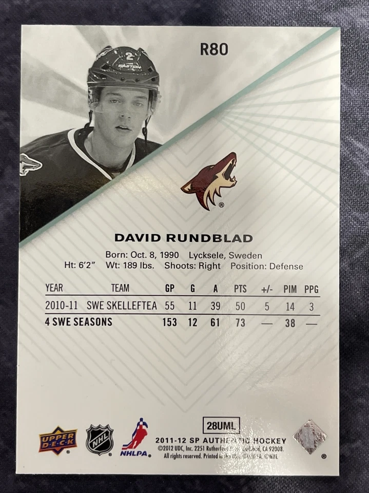 2011-12 SP Authentic Rookie Extended R80 David Rundblad Arizona Coyotes  - Image 2 of 2