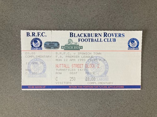 Biglietto partita Blackburn Rovers v Ipswich Town 1992-93,