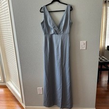 BHLDN Piper V-Neck Side Slit Satin Gown 10 Dusty Blue Maxi Dress Bridesmaid