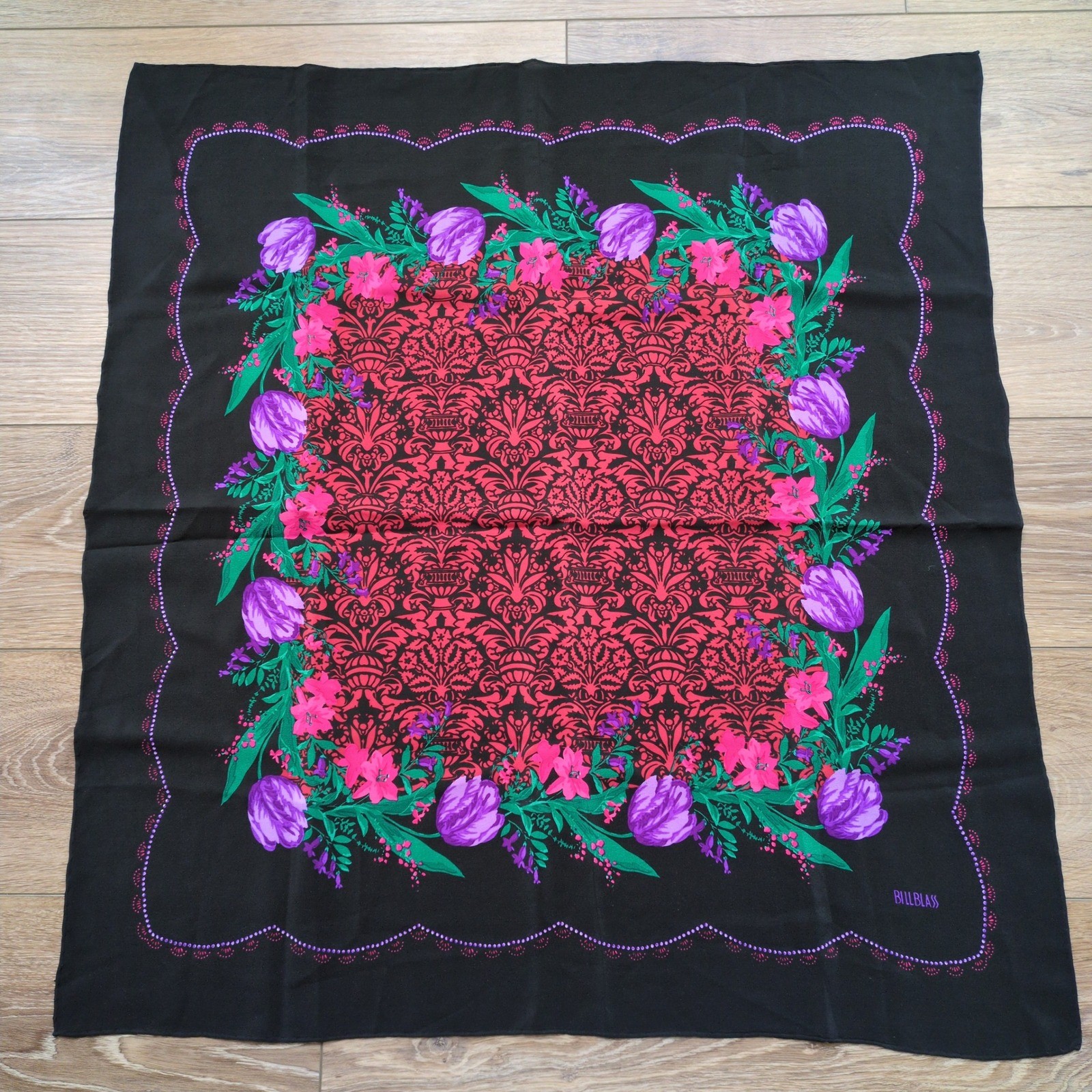 Vtg Bill Blass Silk Scarf - Black Purple Pink Red Floral Damask 28