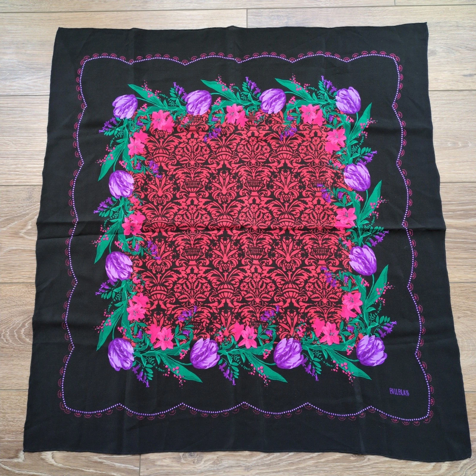 Vtg Bill Blass Silk Scarf - Black Purple Pink Red Floral Damask 28" Square