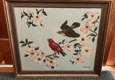 Vintage 1973 Signed Framed Hand Stitched Needlepoint Wall Hanging Cardinal Birds