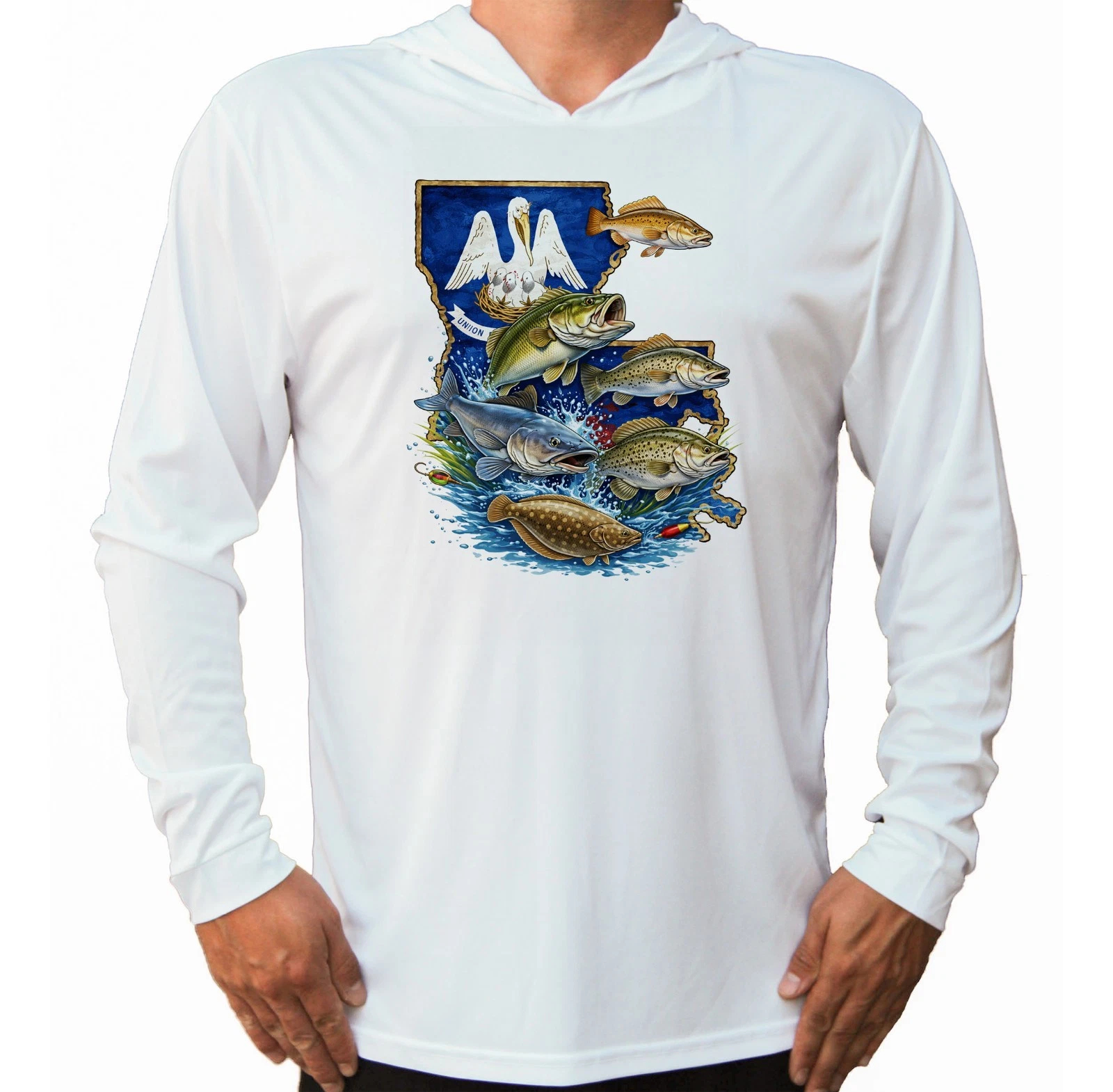 Louisiana Fishing Sun Summer Boat T-Shirt UV Protected UPF 50 Long Sleeve Hood