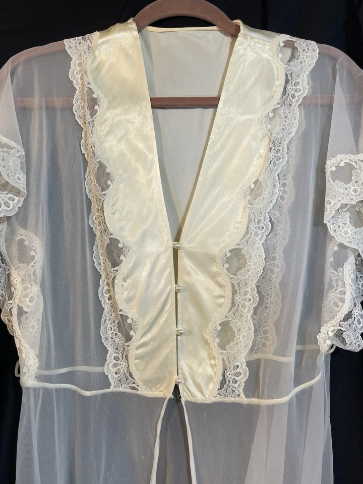 Camisón corpiño de encaje de gasa marfil Peignoir de colección Val Mode 2 piezas y transparente S Foto 4 de 4