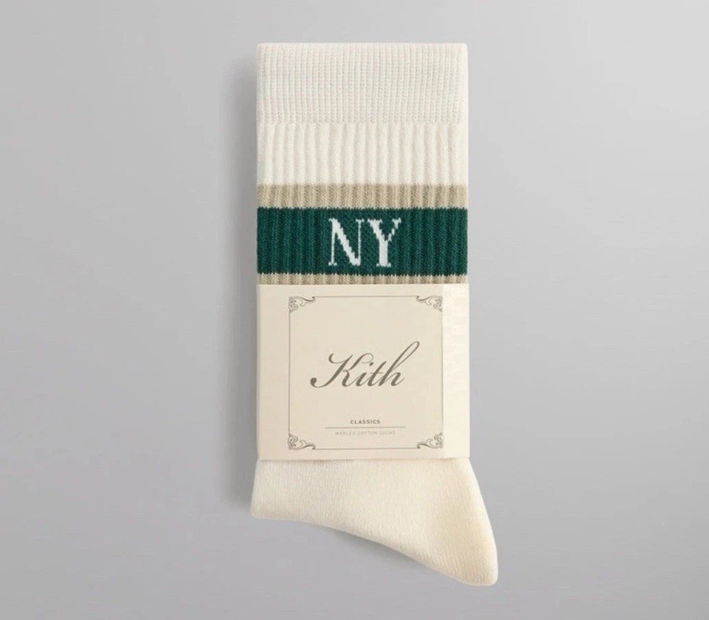Kith New York Striped Crew Socks White Green Stripes Graphic Logo Cotton Blend