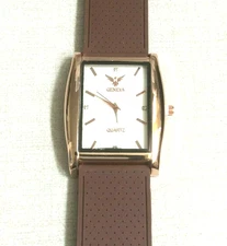 Geneva Rose Gold Men's Watch Rectangle Eagle Silver Dial Brown Rubber Band New!