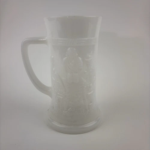 MINT 1950s Federal MILK GLASS Beer STEIN Tankard Mug EMBOSSED Tavern Scene 3”x6”