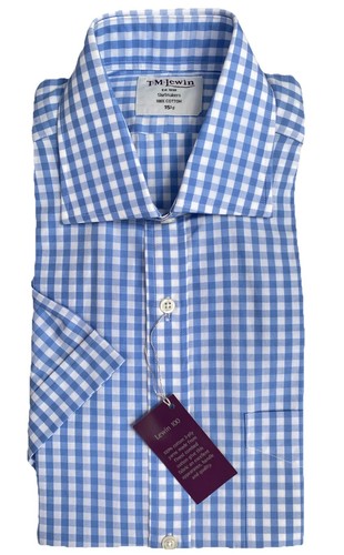 T.M. Lewin Herren Hemd 15,5” Blau & Weiß Gingham Kurzarm 100% Baumwolle NEU