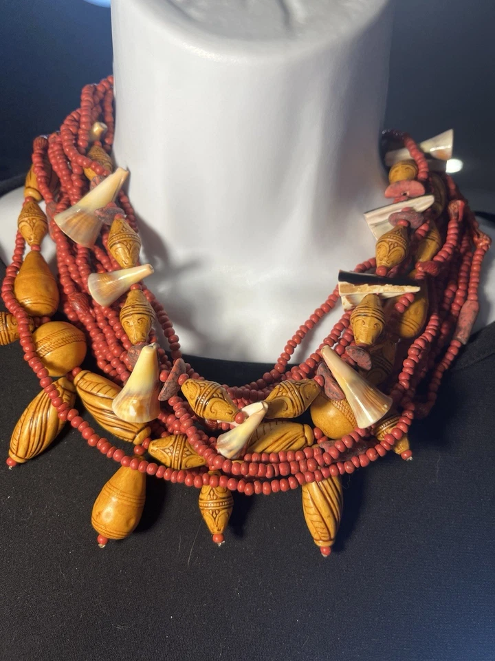 "Collar Gerda Lynggaard Monies Copenhagen multi trenzado cuentas talladas concha 18""" Foto 2 de 4