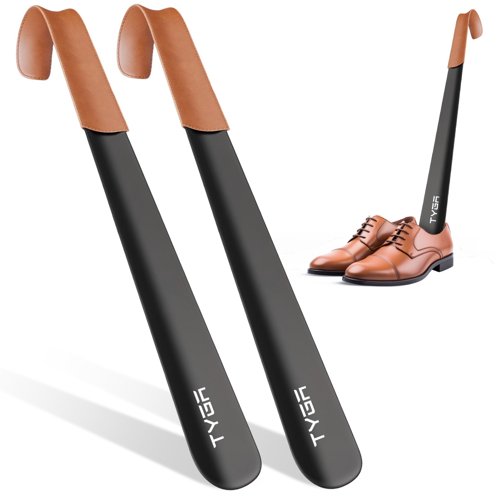 TYGA STORE Metal Shoe Horn– 42cm Long Shoehorn Black With Leather Handled 2 Pack