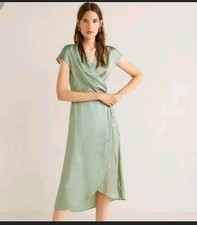 MANGO Green Satin Short Sleeve Printed Wrap Dress XS