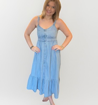 Levi's Katherine Denim Midi Dress Smocked Milkmaid Button Up Tiered Hem S NWT
