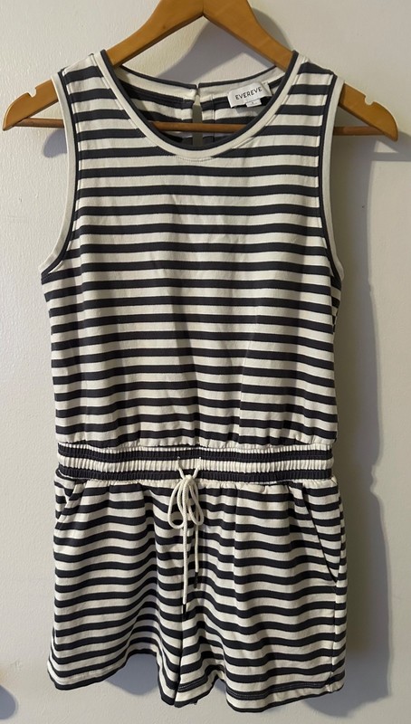 Evereve Lucie Gray & White Striped Sleeveless Romper with Drawstring Waist S