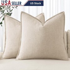 Natural Linen Cotton Pillow Covers Set of 2 Flange Edge Hidden Zipper Decor New